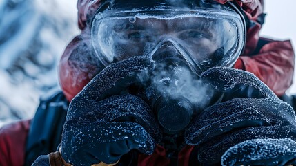 Climber takes deep breath with oxygen mask in cold mountains
