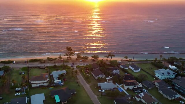 Kapaa Town During morning golden sunrise, Aerial view. Beautiful kapaa Town in Kauai Hawaii. Beautiful view of Kapaa Beach Park, Tropical Hawaiian beach with turquoise blue water in Kauai Hawaii