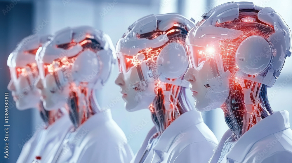 Poster futuristic robots with transparent heads showcasing advanced technology