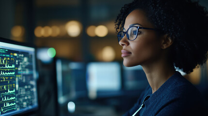 Focused woman analyzing data on computer screens in modern office
