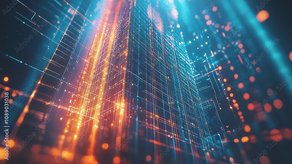 Poster futuristic business tower powered by quantum computing glowing with energy and qubits symbolizing co