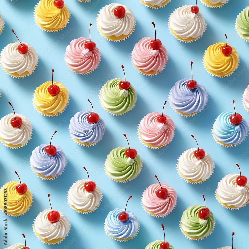 Poster mouthwatering miniature 3d cupcakes with colorful icing and cherries in repeating pattern on pastel 
