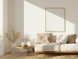 Minimalist living room interior with a white sofa, a wooden coffee table, and a framed print of dried grass