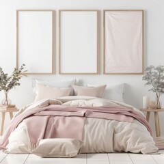 Three framed minimalist prints of pampas grass in a light and airy bedroom interior