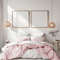 Minimalist bedroom interior with a pink duvet, two framed posters, a lamp, and a wooden nightstand