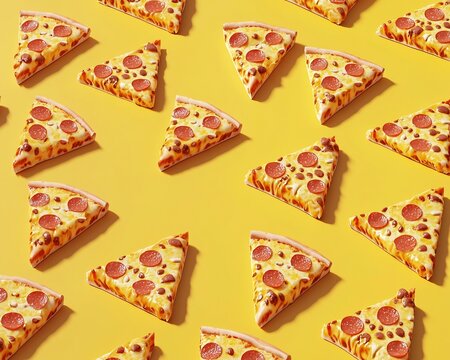 Delicious Detailed 3D Pizza Slice Pattern on Glowing Yellow Background - Powered by Adobe