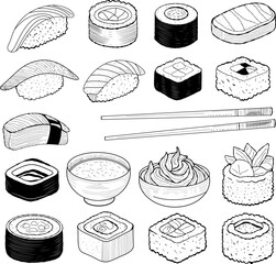 Set of  sushi types, including nigiri, maki, and rolls, along with chopsticks, a rice bowl, wasabi, and soy sauce. Sushi sketch  © IsaStock