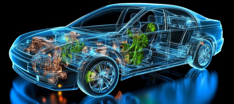 Futuristic Sedan with Interior Parts Shown in See-Through Style on Dark Gradient Background - Powered by Adobe