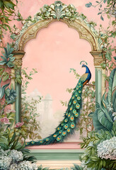 Mughal garden with peacock and floral border frame.