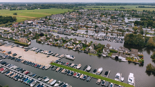 Aerial View of Houses on Loosdrechtse Plassen Lake with Islands and Canals. Scheendijk, Netherlands