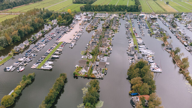 Aerial View of Houses on Loosdrechtse Plassen Lake with Islands and Canals. Scheendijk, Netherlands