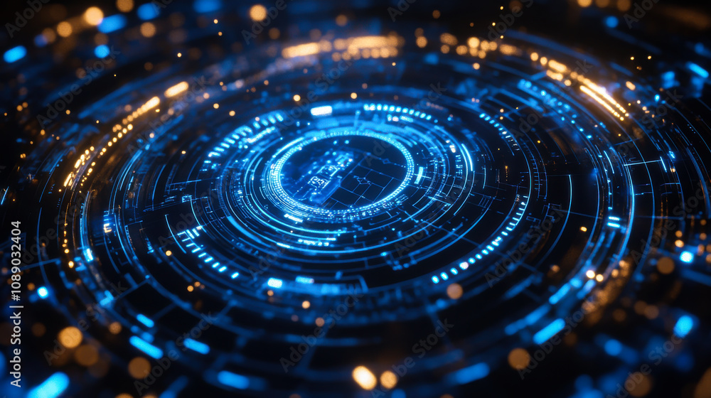 Poster a futuristic digital interface showcasing intricate blue patterns with glowing orange accents in a c