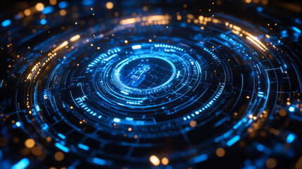 A futuristic digital interface showcasing intricate blue patterns with glowing orange accents in a cosmic setting