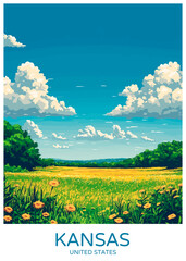 Kansas Poster Illustration Travel Print Decor Gift Paper Canvas Wall Retro Art