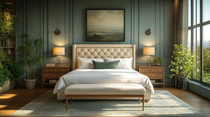 Here's a caption and keywords for your stock photo.. Luxurious bedroom with large bed, wooden nightstands, and large windows.