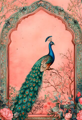 Mughal garden with peacock and floral border frame. © Nim