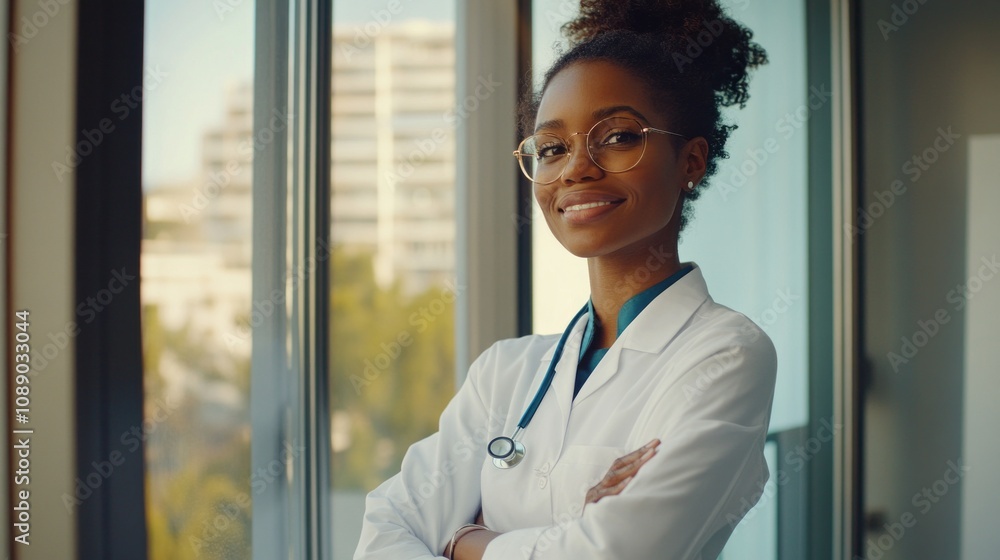 Poster a smiling woman in a white lab coat stands in front of a window with a city view