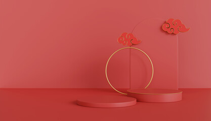 Podium stage chinese style for chinese new year and festivals or mid autumn festival with stage and festive lanterns and clouds