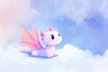 Obraz premium Watercolor illustration lullaby theme, A cute, pastel-colored dragon character resting on fluffy clouds, gazing curiously at a dreamy sky.