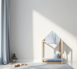 A minimalist child's bedroom with a wooden bed in the shape of a house, a light blue curtain, and a rug