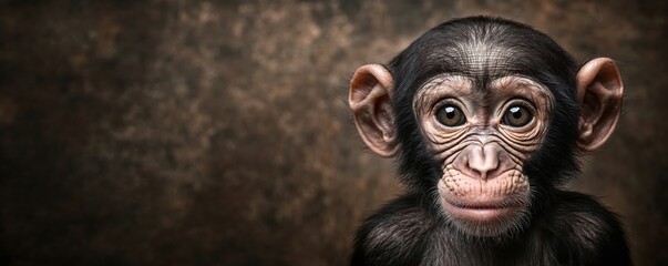 Baby chimpanzee portrait with wide-eyed expression facing forward on dark brown background. Close up of young primate showing curiosity and innocence. 8k horizontal banner backdrop with copy space