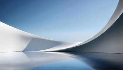 A minimalist white and blue abstract landscape featuring smooth curved surfaces under a clear sky.
