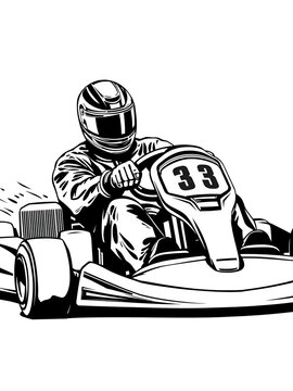 recommend clip art: go kart driver race engraving black and white outline