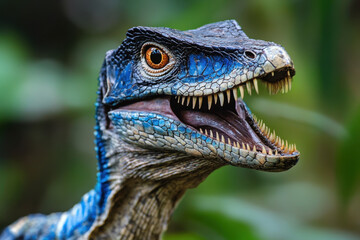 Fototapeta premium Close-up of a vibrant blue velociraptor showcasing sharp teeth and textured scales against a blurred jungle background.