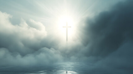 Naklejka premium Ethereal image of cross emerging through clouds, symbolizing hope and faith