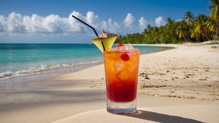 Tropical cocktail Bahama Mama on the beach. Bahamian drinks with rum