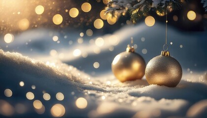 Fototapeta premium Golden ornaments hanging from a snow-covered tree branch, representing winter holiday decoration