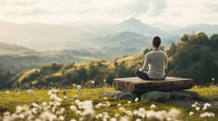 A solitary woman meditating on wooden platform overlooking serene mountain landscape. Peaceful mindfulness practice in nature with scenic valley view and wildflowers in foreground. 8k