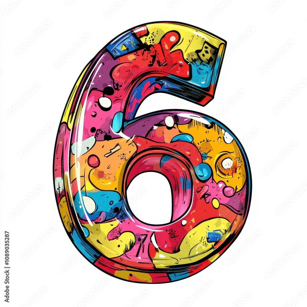Poster colorful, artistic representation of the number six with vibrant patterns and textures.