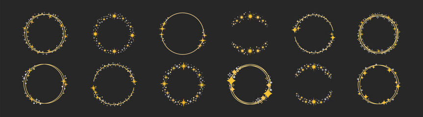 Golden frame set with different stars. Round starry frames collection in golden. Christmas and New Year frame with cosmic glitter shine. 