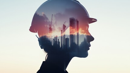 Architect reviewing blueprints against panoramic skyline at construction site urban landscape professional environment futuristic viewpoint design concept for innovative development