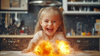 Humorous young girl conducting experiments in a lab experiences a comical explosion in science class