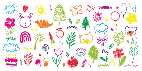 Big set of colorful hand painted various shapes, curls, forms, brush strokes and doodle objects. Childish simple hand drawn style. Cute characters. Category Graphic Resources 