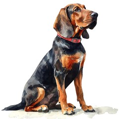 Fototapeta premium Elegant Watercolor Portrait of a Black and Tan Coonhound. This striking image showcases the breed's unique markings and graceful posture.