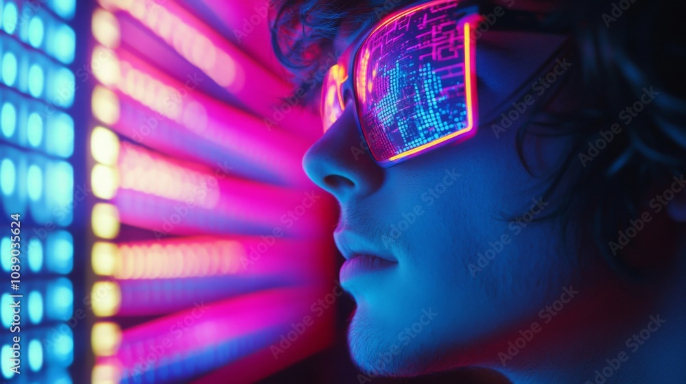 Aufkleber A person wearing futuristic glasses stands in front of a wall of colorful lights, illuminated in blue. The glasses are glowing with a digital pattern.