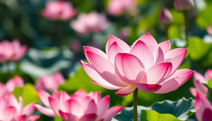 Obraz premium Beautiful Pink Lotus Flowers and Leaves in a Sunlit Pond.