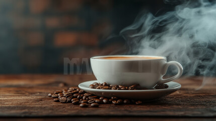 "Stock photo of a steaming cup of coffee with smoke rising, accompanied by coffee beans scattered on an old wooden background. The image exudes a rustic, cozy atmosphere, perfect for promoting coffee,