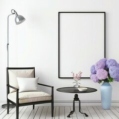 A minimalist living room with a grey armchair, a coffee table with two cups and a vase of dried flowers, a floor lamp, and a framed mockup poster