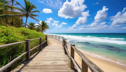 Obraz premium A scenic boardwalk by the beach surrounded by lush greenery and palm trees under a bright blue sky with scattered clouds.