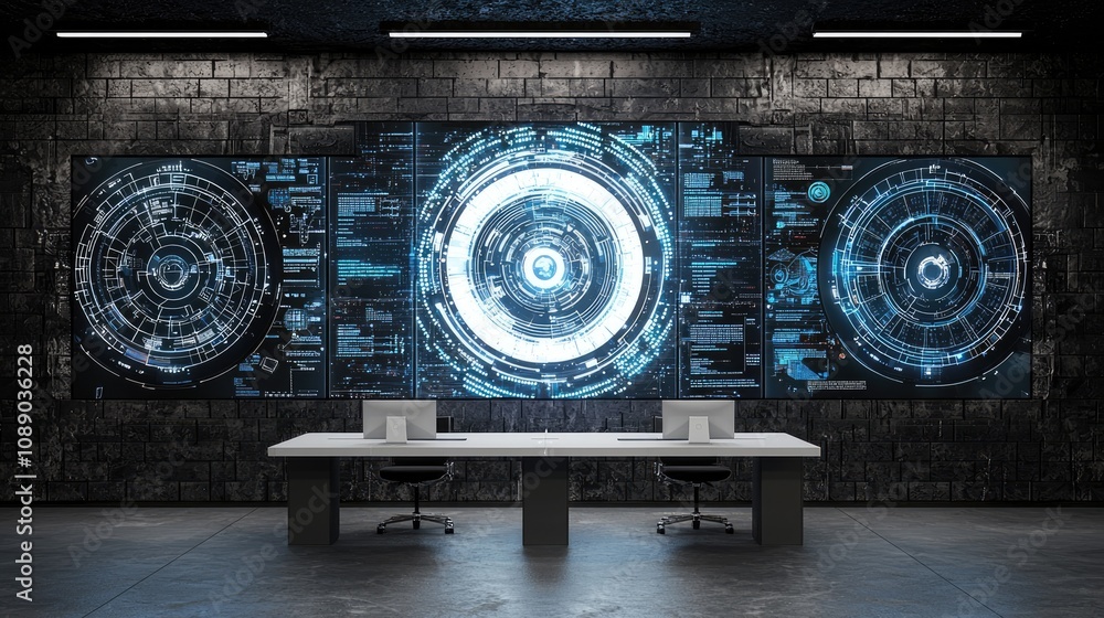 Aufkleber a high-tech, futuristic workspace featuring large digital displays on a textured wall, with a sleek 