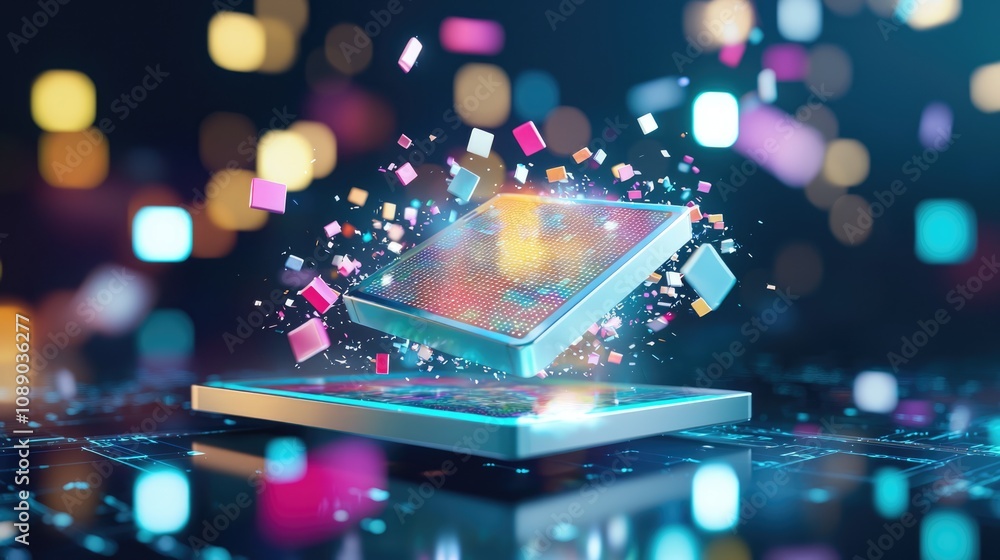 Poster a vibrant digital representation of a smartphone with colorful, floating particles, symbolizing tech