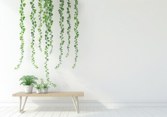 Minimalist white room interior with hanging green plants and wooden shelf
