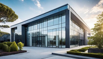 A sleek modern building with large glass windows surrounded by manicured greenery and illuminated by sunlight.