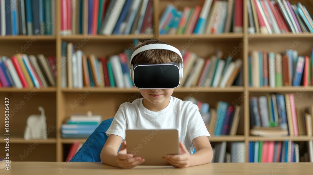 Poster a child wearing a vr headset enjoys a digital experience while sitting in front of a bookshelf fille