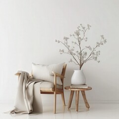 A cozy living room with a wooden chair, a white throw, and a vase with branches.  The floor is white wood