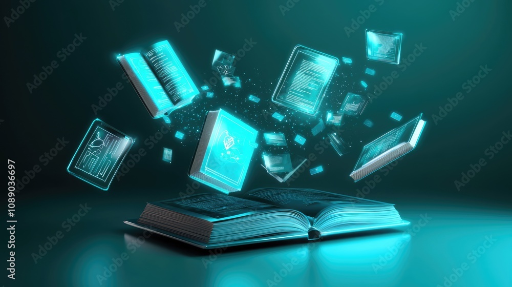 Aufkleber a glowing open book with floating holographic pages in a futuristic setting, symbolizing knowledge a